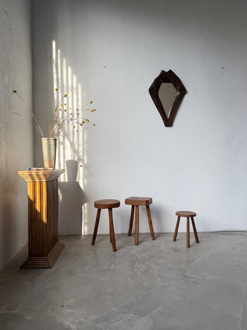 3 free-form oak tripod stools