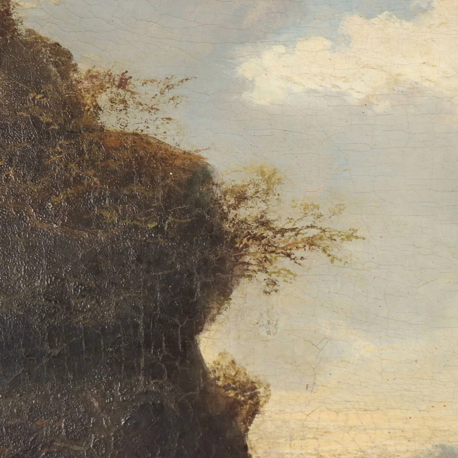 Old painting of a landscape with a river, oil on canvas, 19th century.