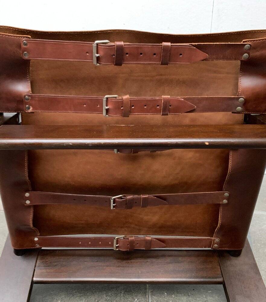 Brutalist Mid-Century Safari Armchair in Wood and Leather, 1960s