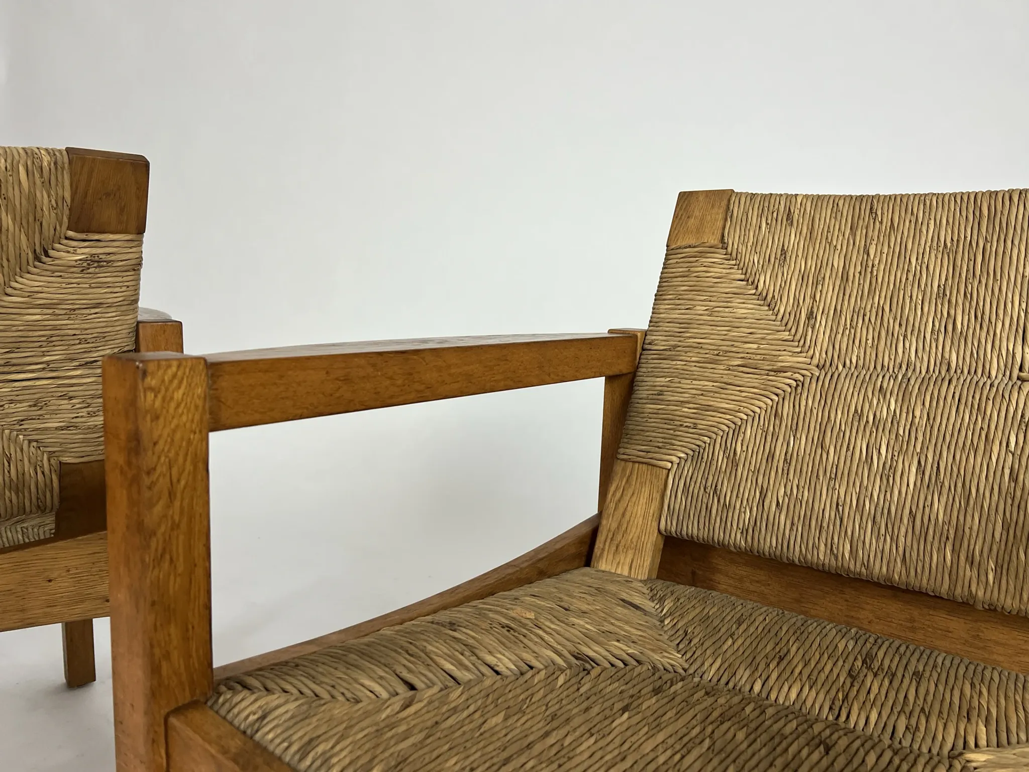 Set of 2 Vintage armchair easy chairs oak & seagrass 60s mid-century