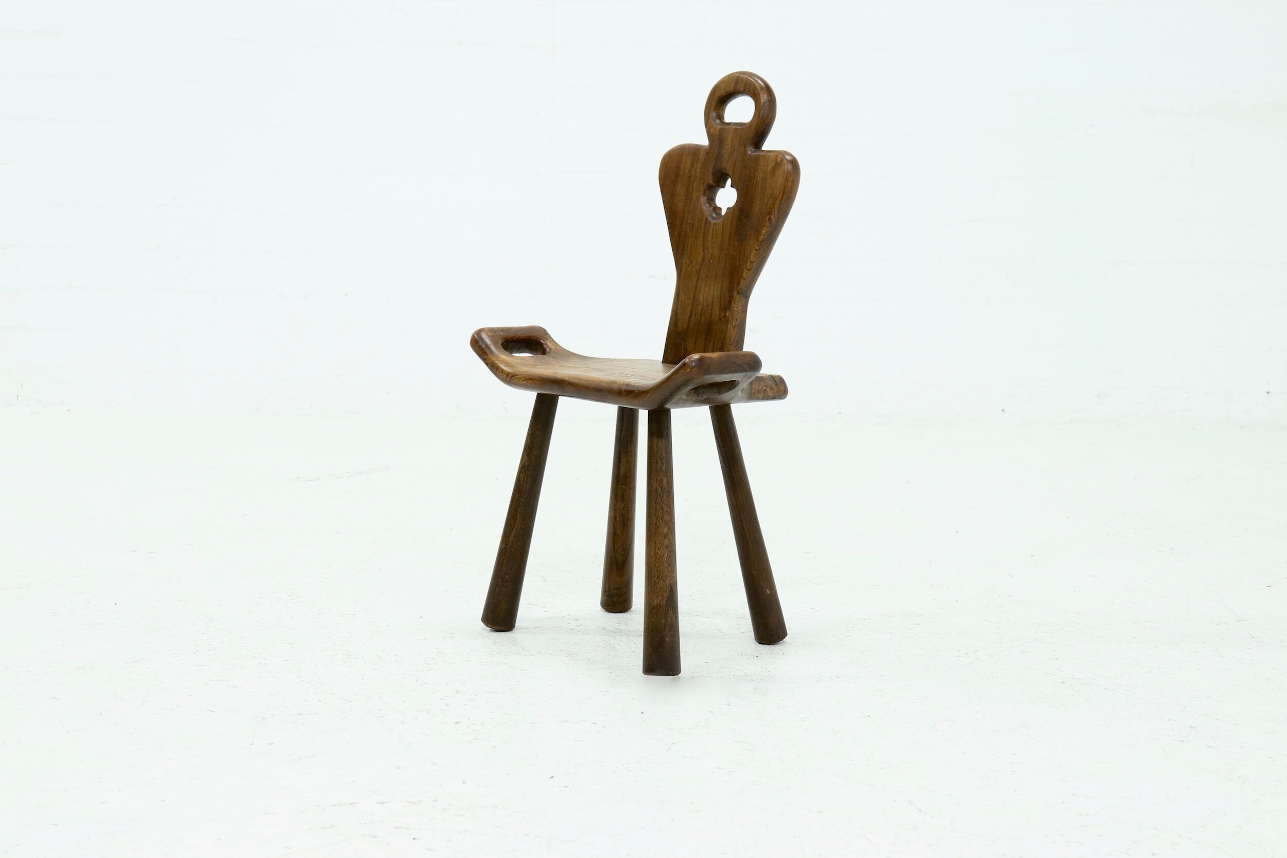 Brutalist Spanish Side Chair Stool in Solid Oak, 1960s