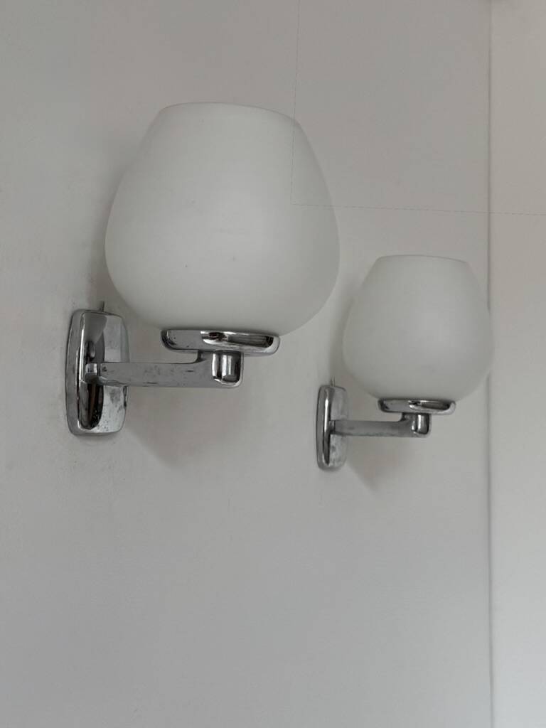 Pair of vintage opaline and chrome metal wall lights, France, 1970.