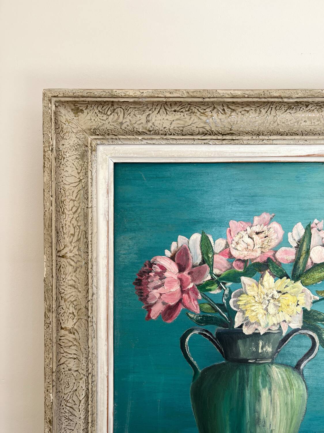 Antique painting, oil on panel, bouquet of peonies