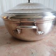silver metal vegetable dish with crossed ribbon decoration