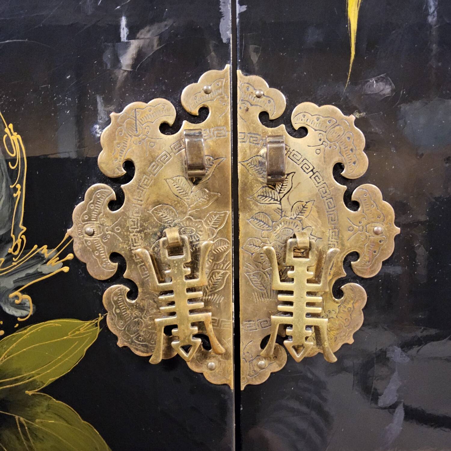 Vintage Chinese black lacquer cabinet with birds and flowers bohemian