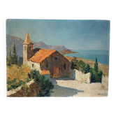 The church in the mountains, knife oil on wood panel.