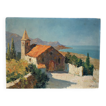 The church in the mountains, knife oil on wood panel.
