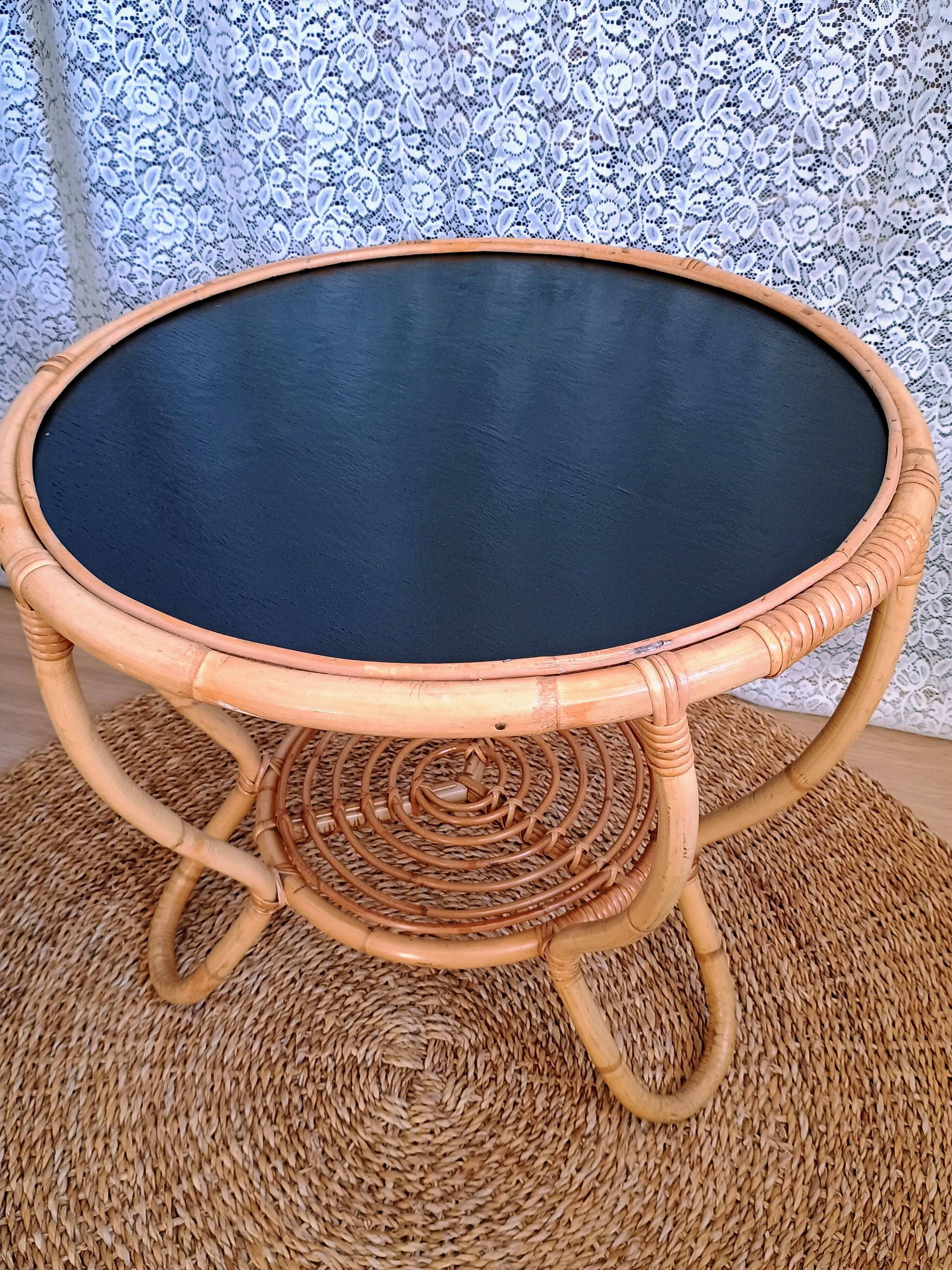 Round vintage rattan coffee table