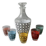 1 bouteille et ses 5 verres, décor cannage, années 70, France
