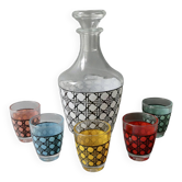 1 bouteille et ses 5 verres, décor cannage, années 70, France