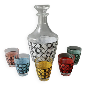 1 bottle and its 5 glasses, cane decoration, 1970s, France