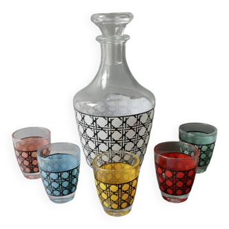 1 bottle and its 5 glasses, cannage decor, 1970s, France