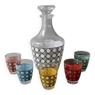 1 bouteille et ses 5 verres, décor cannage, années 70, France