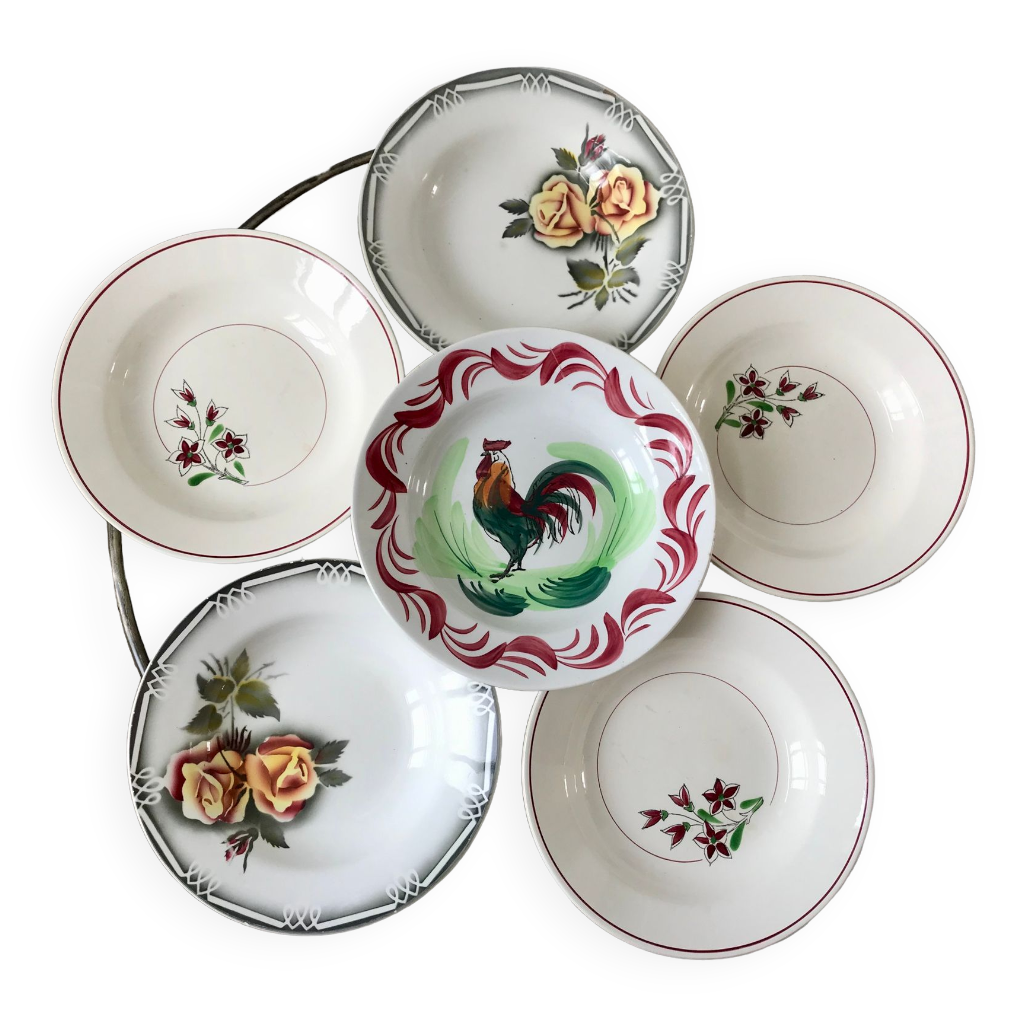 Set of 6 mismatched hollow plates Salins, Digoin Sarreguemines model "Agreste" and Moulin des