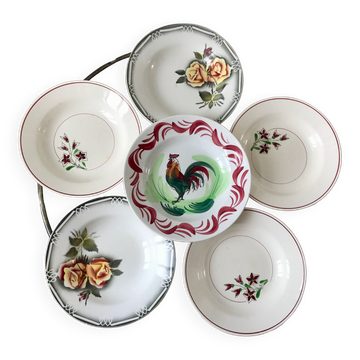 Lot de 6 assiettes creuses dépareillées Salins, Digoin Sarreguemines modèle "Agreste" et Moulin des
