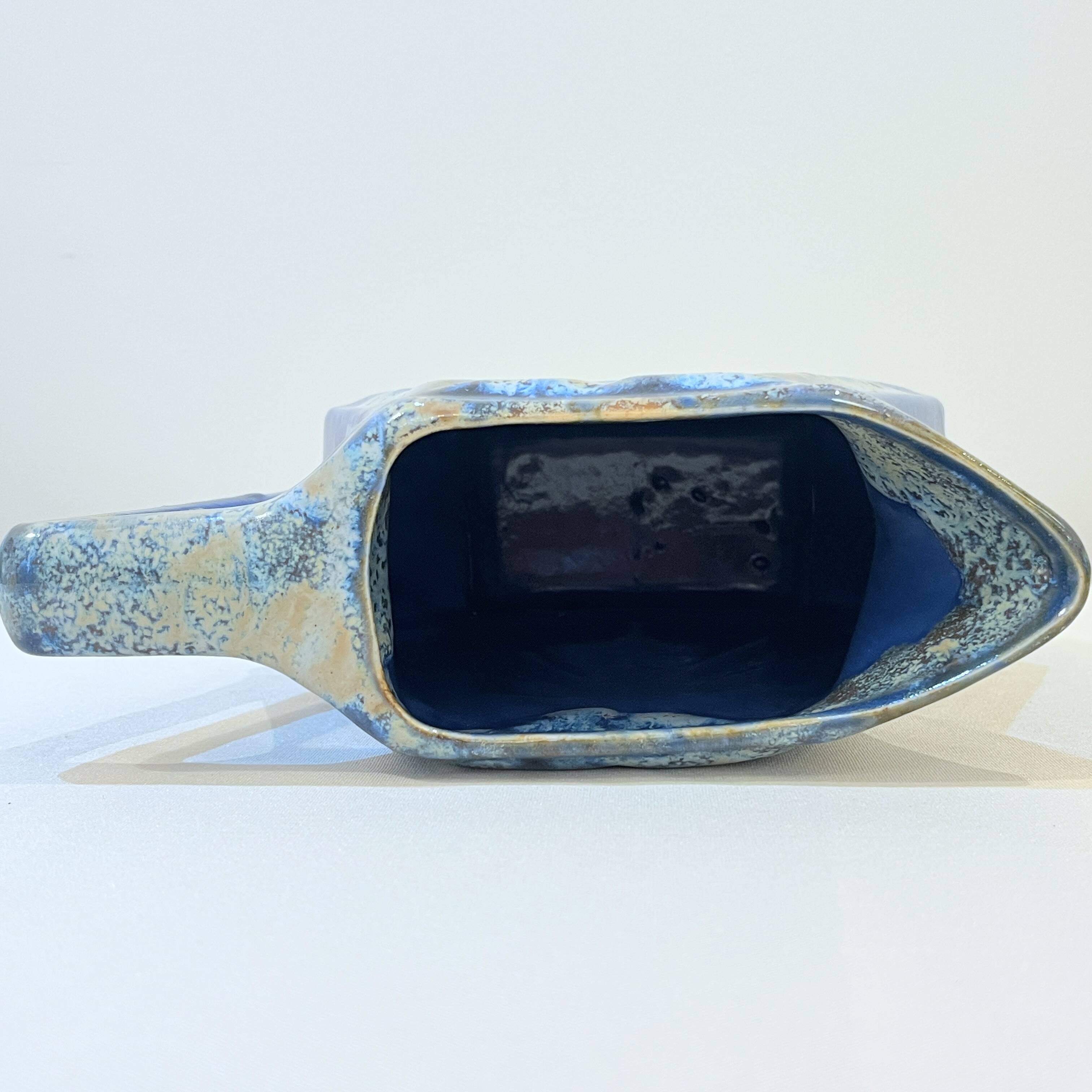 Large alpho fat lava art deco pitcher with blue ceramic handles 1930