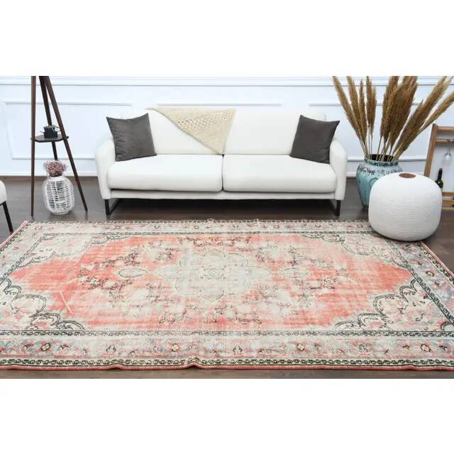 1970s Vintage Turkish Oushak Handmade Wool Cotton Red Area Rug 190x310