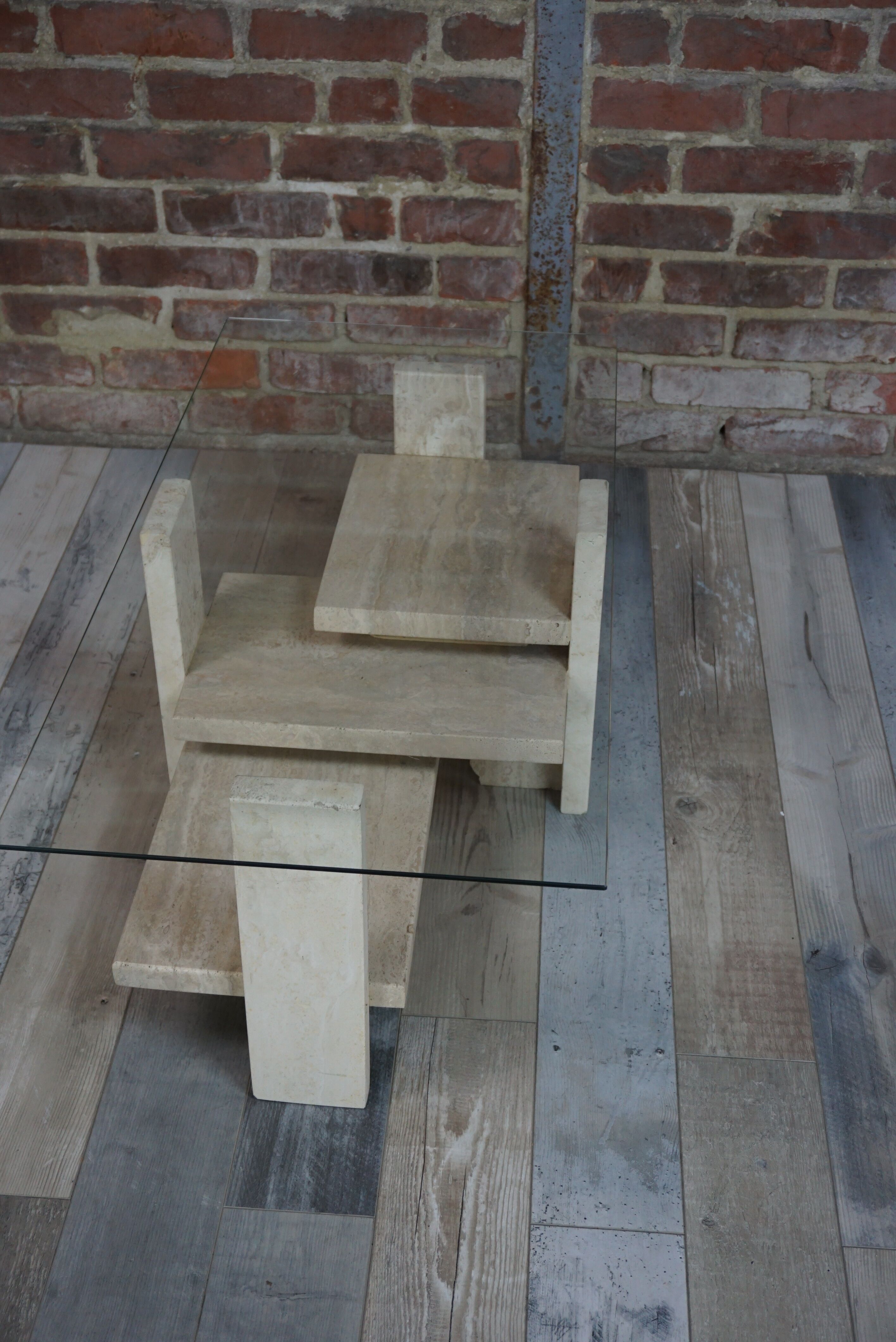 Table basse en travertin et verre design Willy Ballez