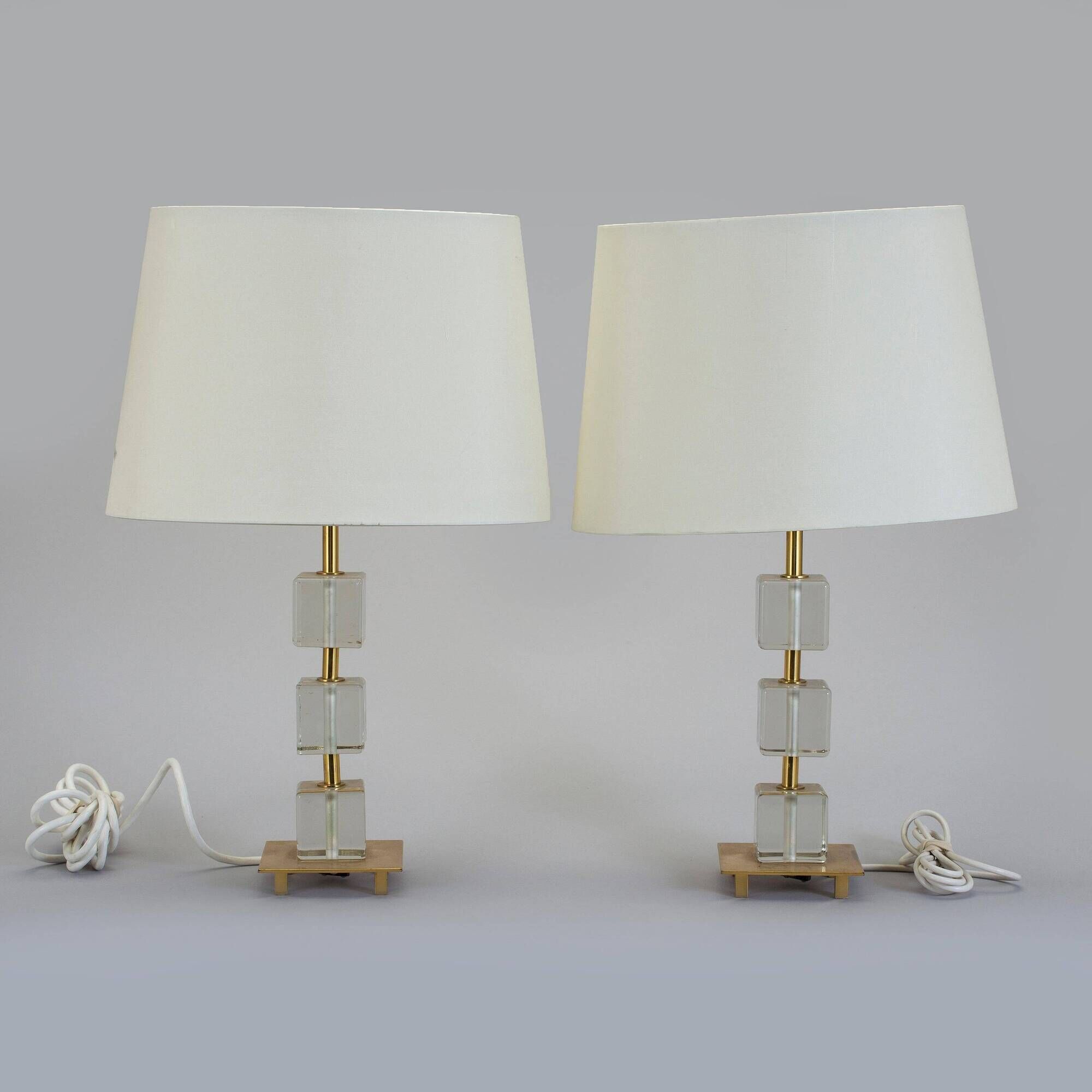 Pair of glass and brass desk lamps by Malmo Metallvarufabrik, Sweden, 1960.
