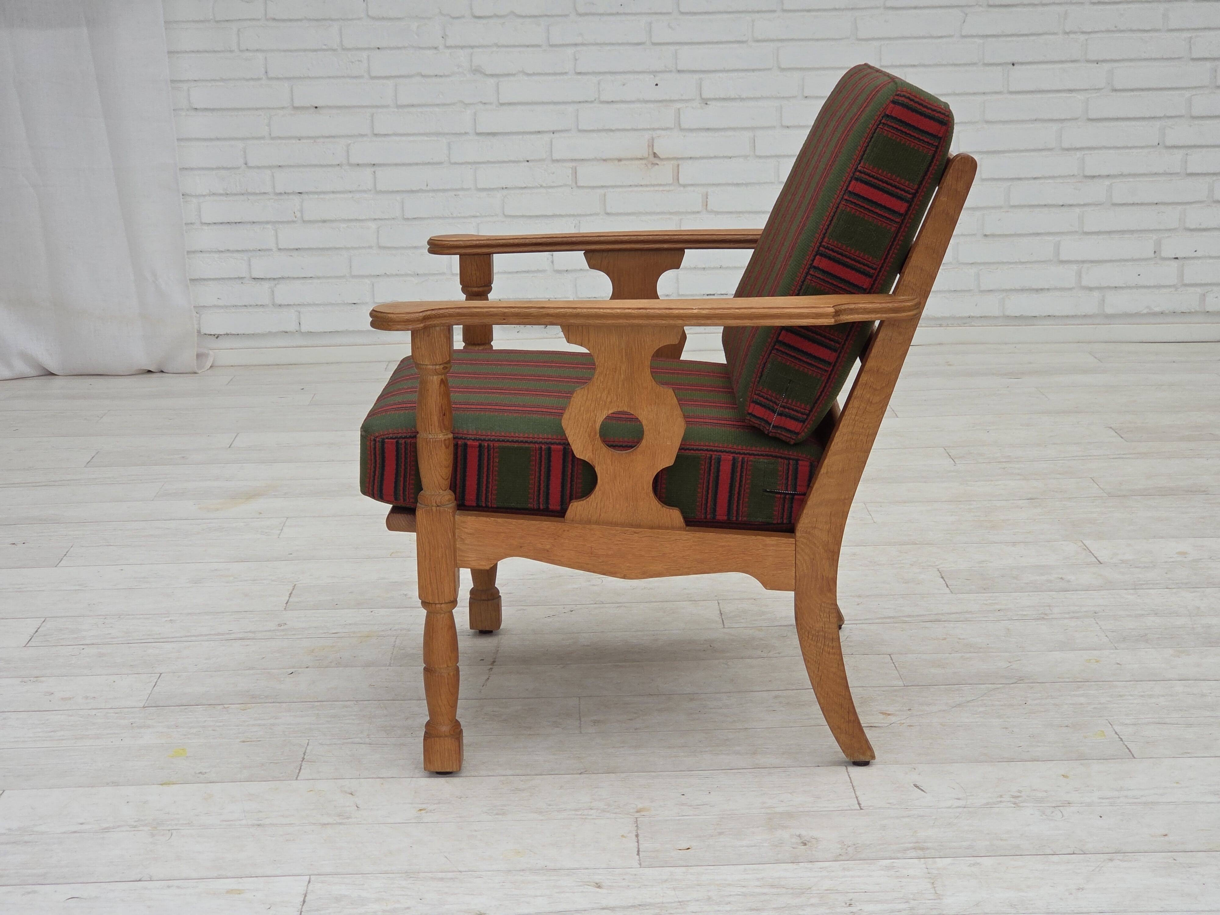 1970s, Danish armchair, green furniture wool, solid oak wood.