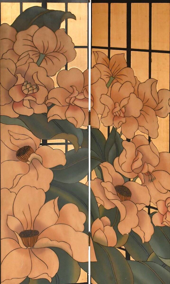 Paravent en laque à décor de la scène florale