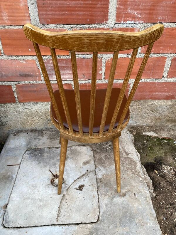 Chaise ancienne baumann western bois + assise skaï marron vintage