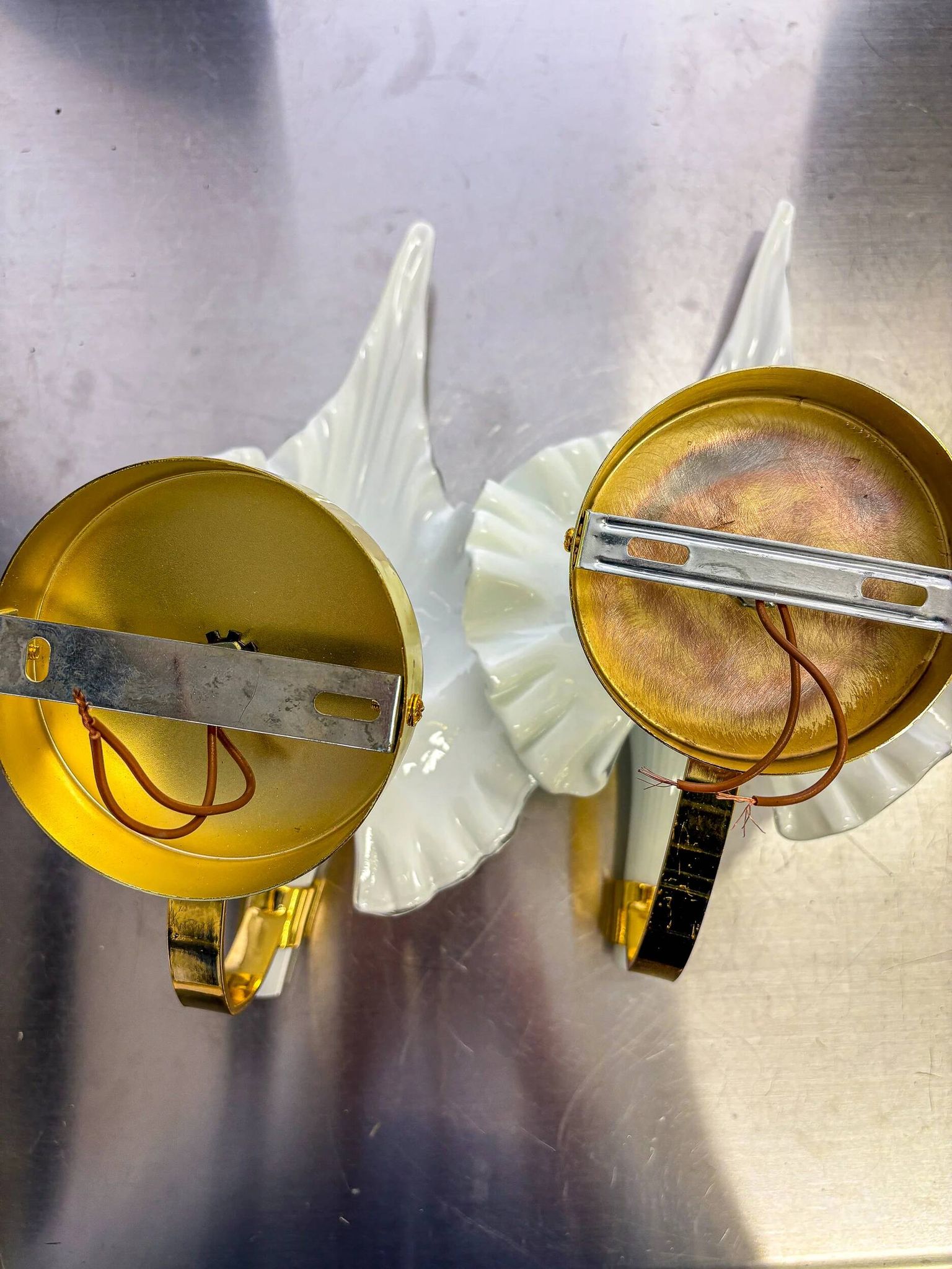 Pair of Italian "Calla Lily" leaf-shaped wall sconces, Murano glass & gilt brass, circa 1970s