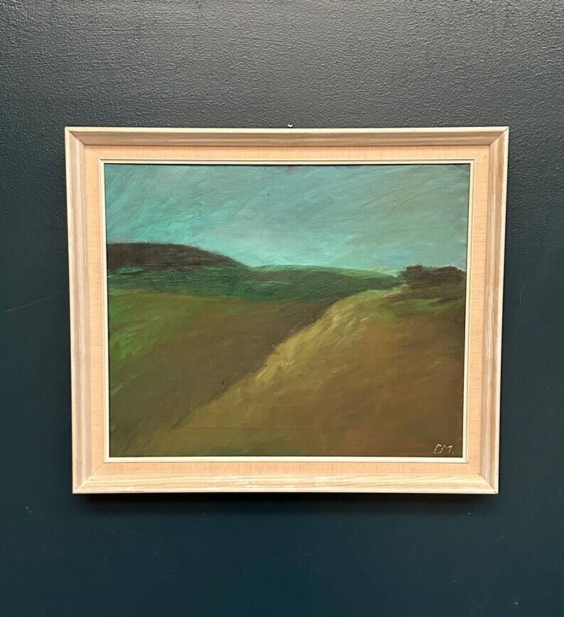 Huile sur toile originale suédoise – "Paysage" par Dina Mortensen – Signé DM – Vintage et encadré – 53 × 45,5 cm (20,9" × 17,9")