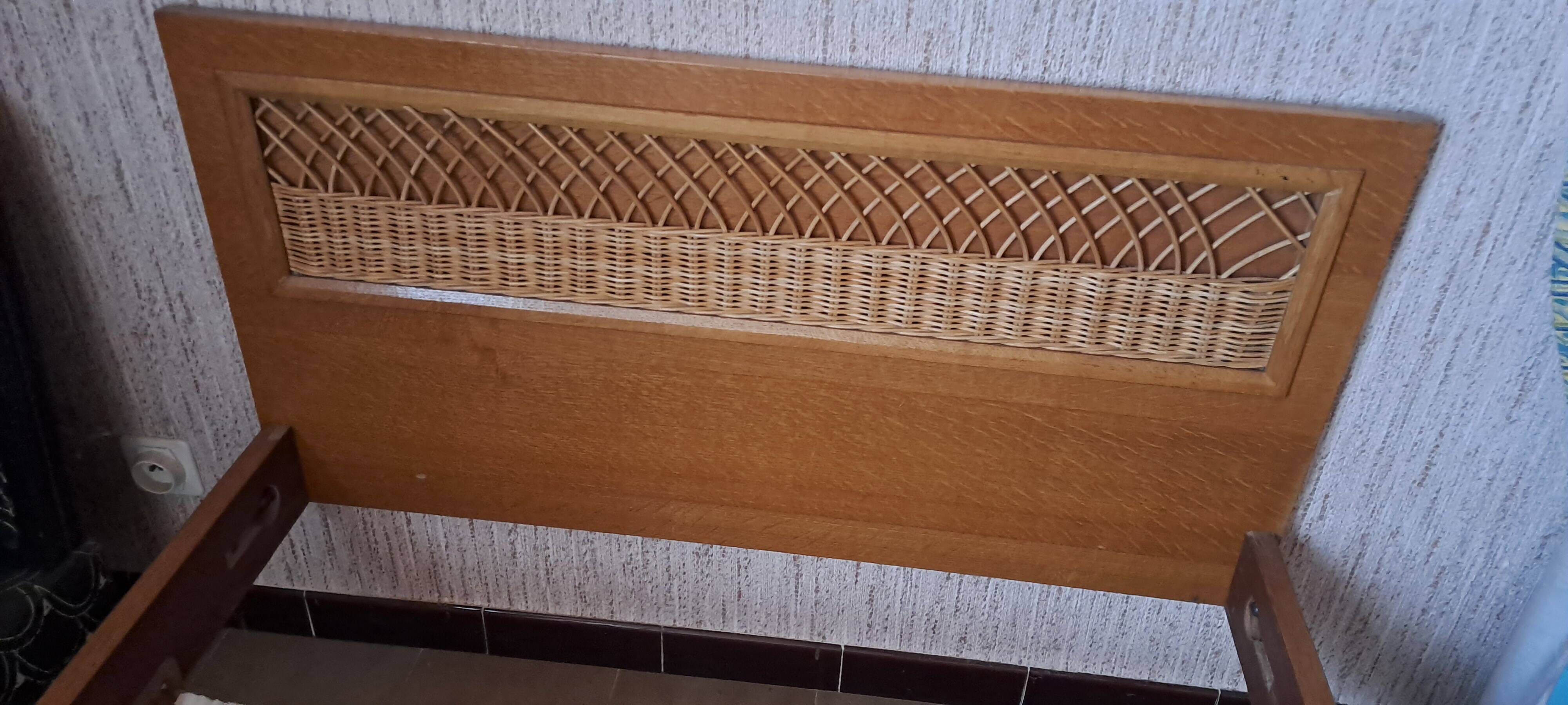 Vintage 1970s single rattan bed in blond wood