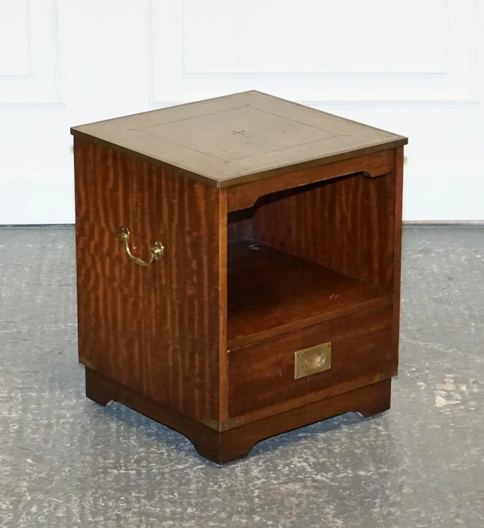 Vintage Bevan Funell Military Campaign Bedside Table with Leather Top