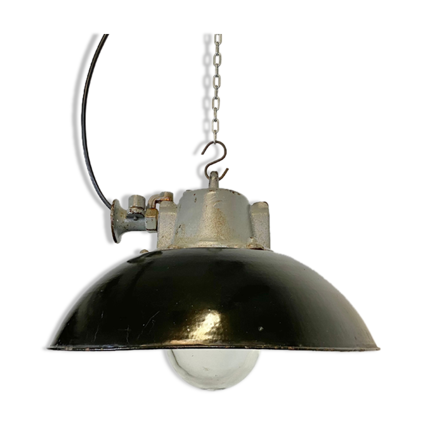 Black Enamel and Cast Iron Industrial Pendant Light, 1960s