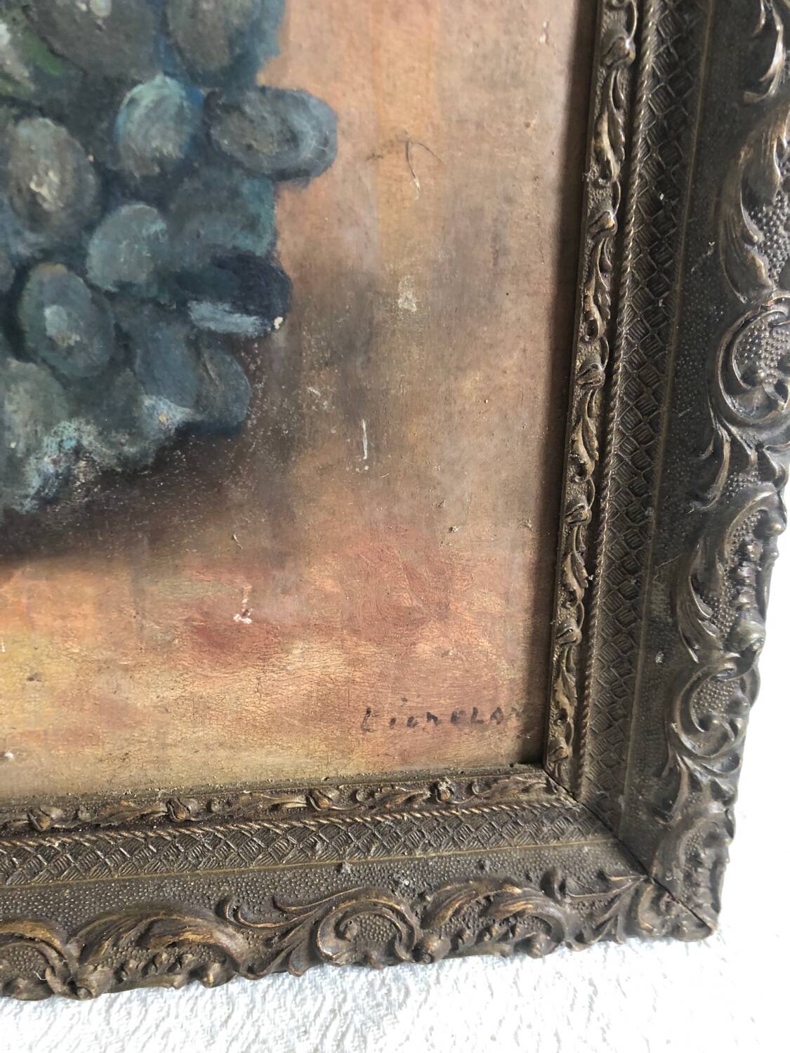 Old still life oil painting with grapes signed