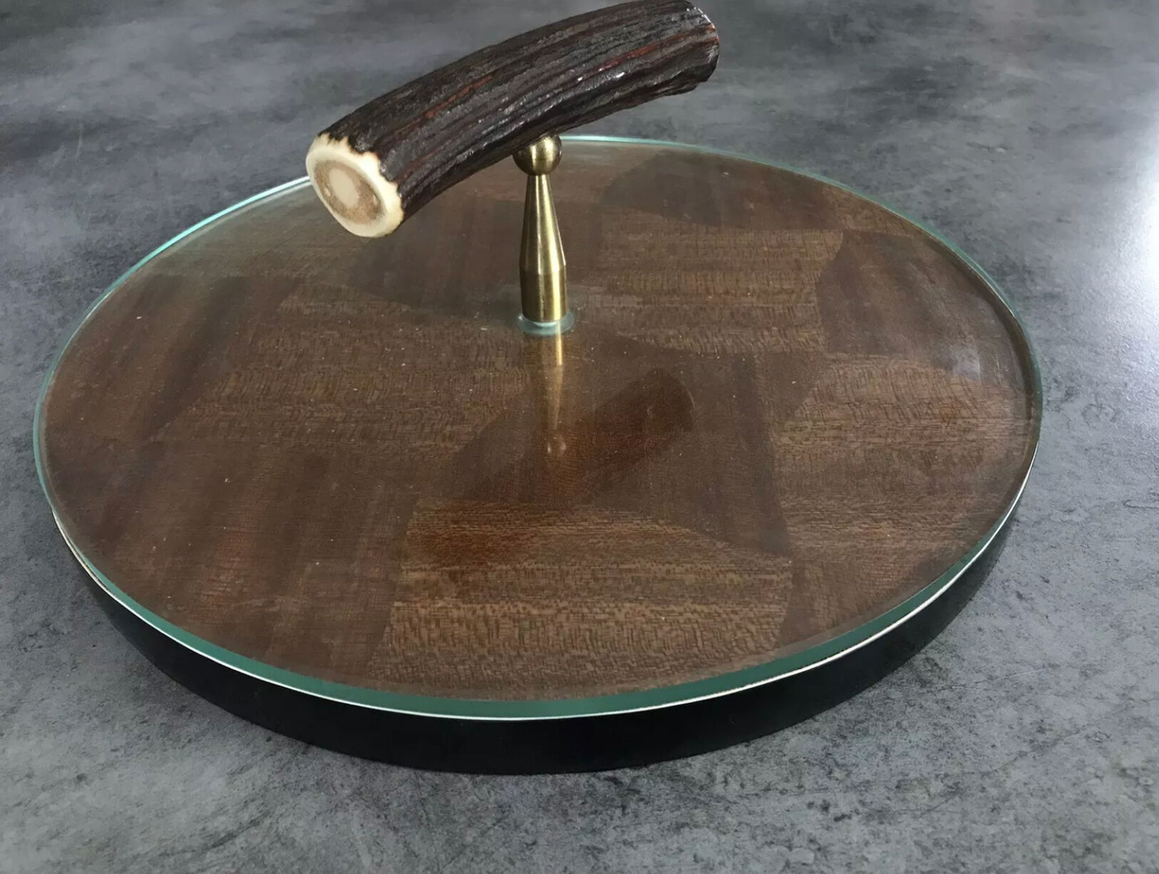 Cheese plat vintage rond marquetry plateau turning glass 28.5 cm