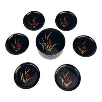 Dessous de verres et leur boite en bois laqué noir vintage