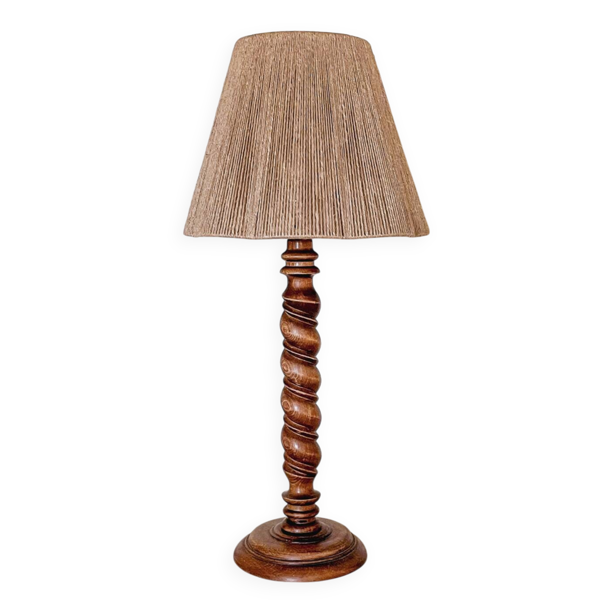 Turned wood lamp and jute lampshade