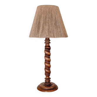 Turned wood lamp and jute lampshade