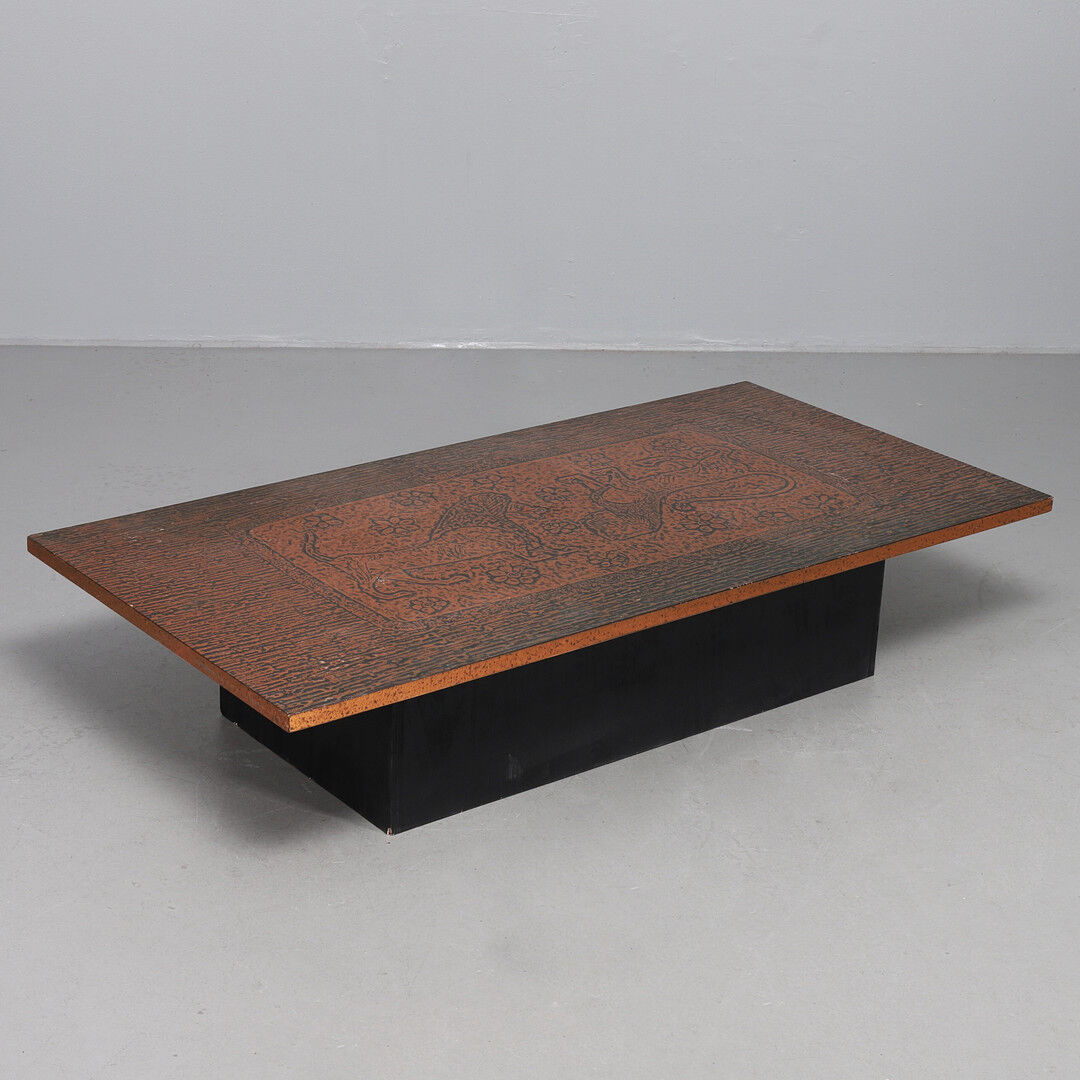 Vintage brutalist coffee table made of wood and copper