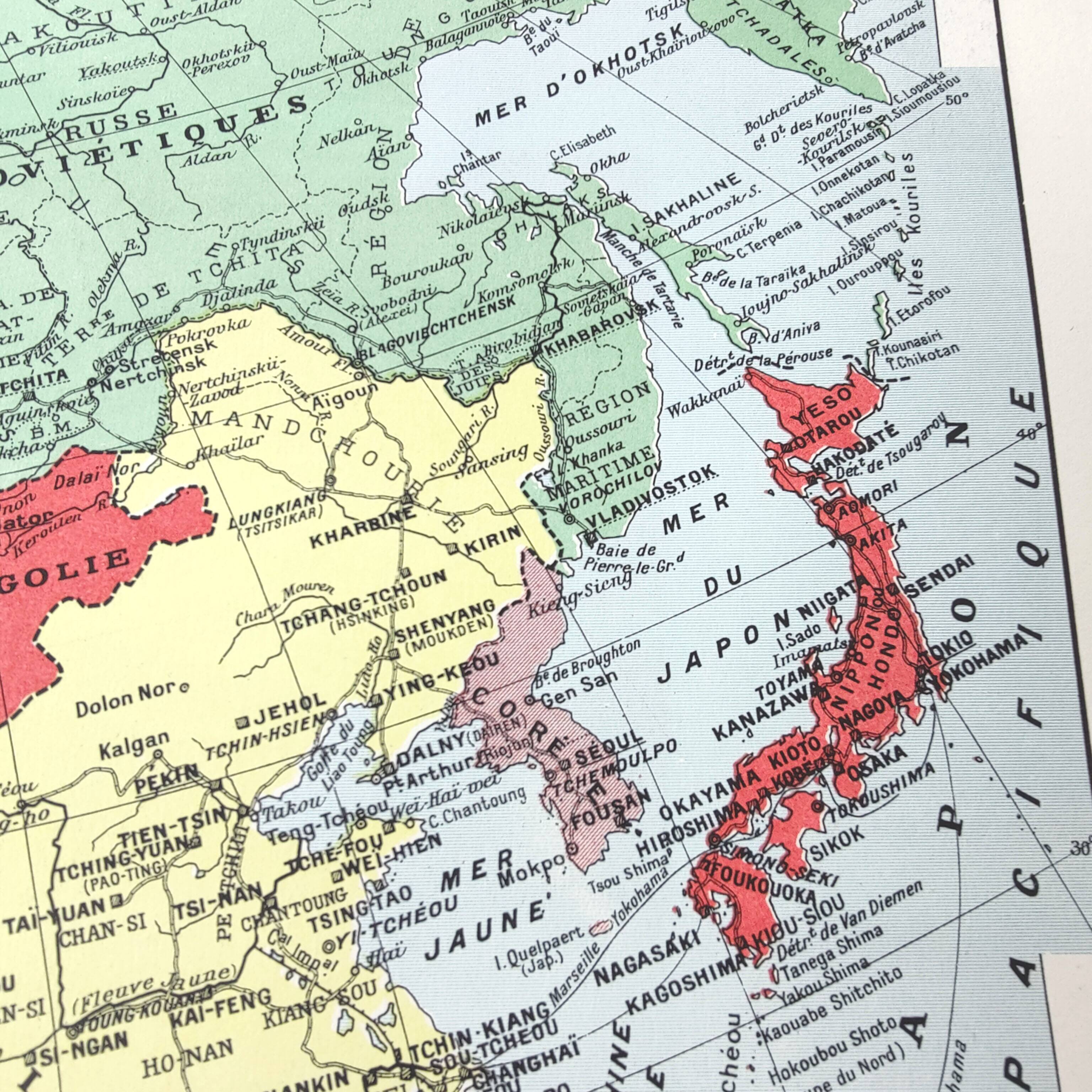 Vintage map Asia China Japan India USSR 43x43cm from 1950