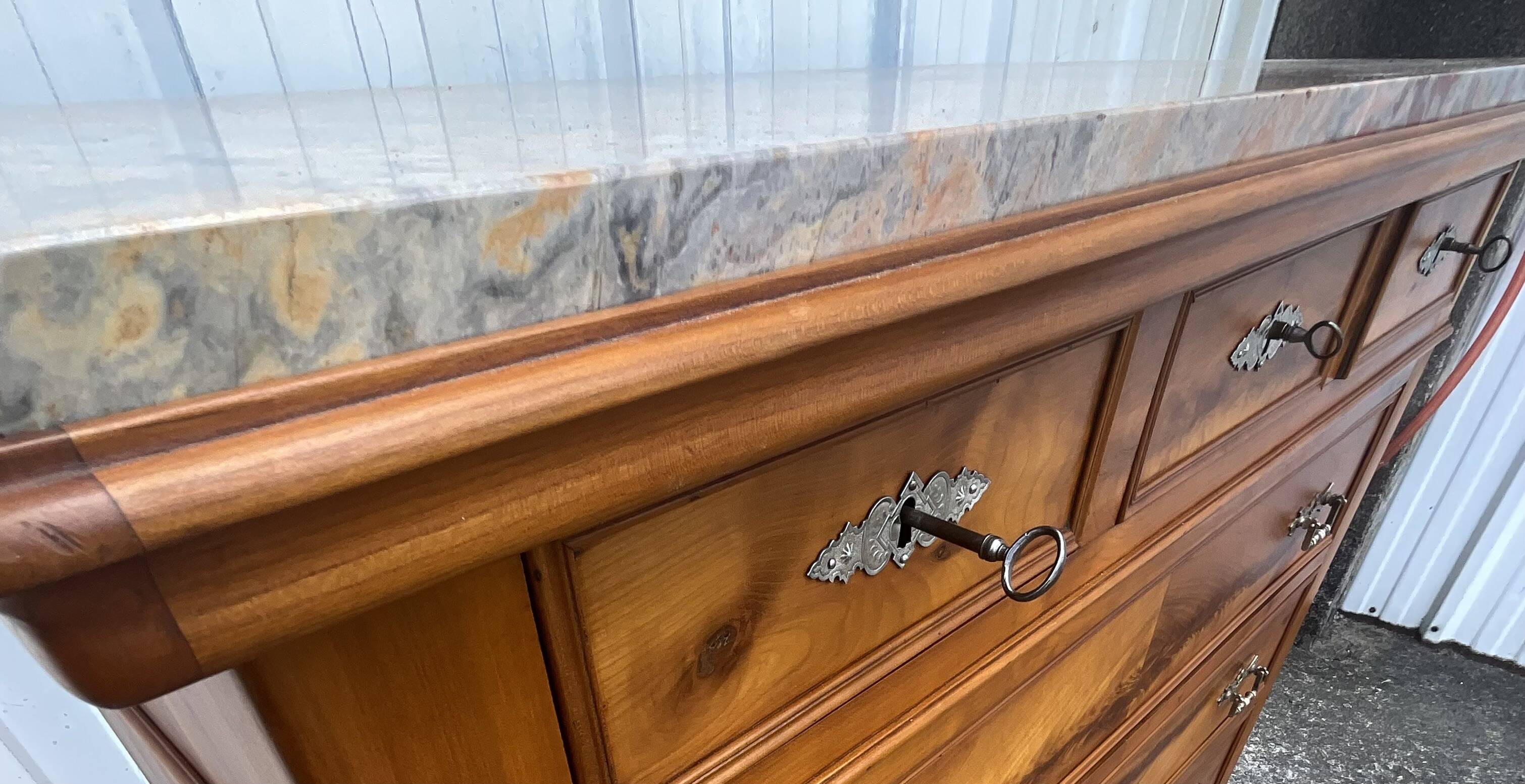 Louis-Philippe chest of drawers in cherry burl and Pyrenees marble top f