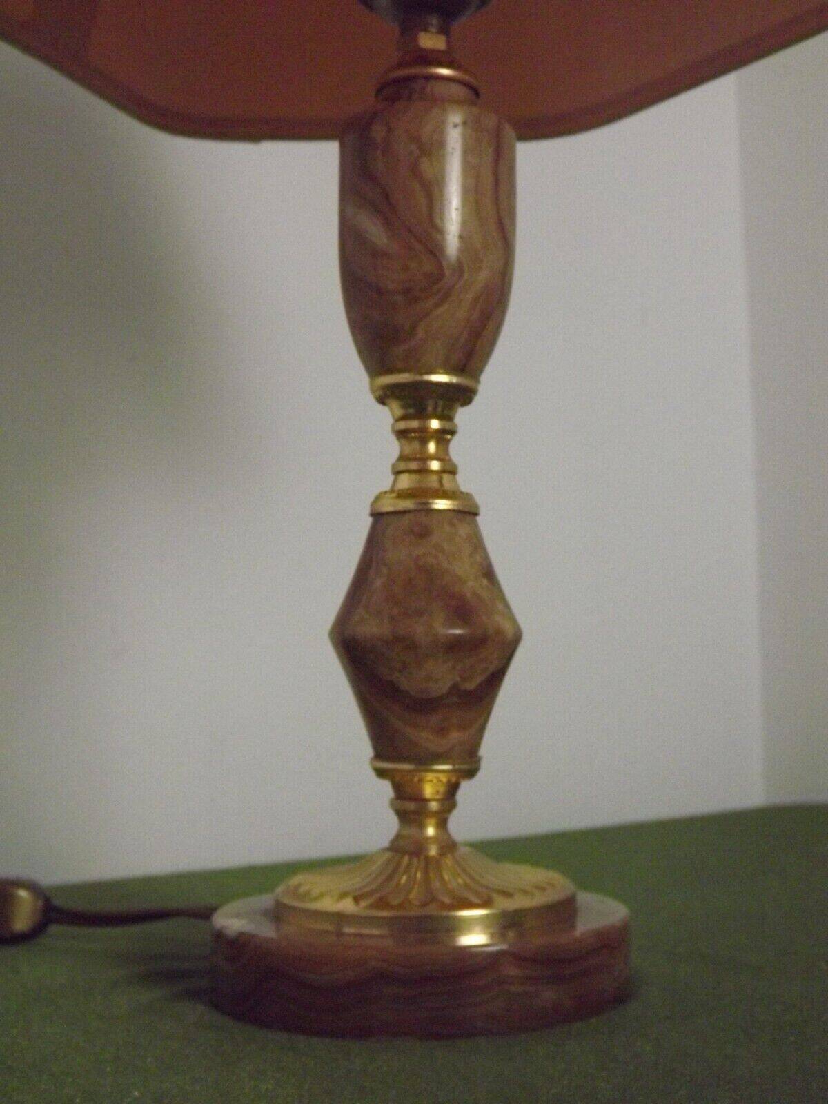 French vintage round brown marble table lamp gold detail beige fabric shade 4059