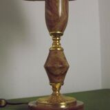 French vintage round brown marble table lamp gold detail beige fabric shade 4059