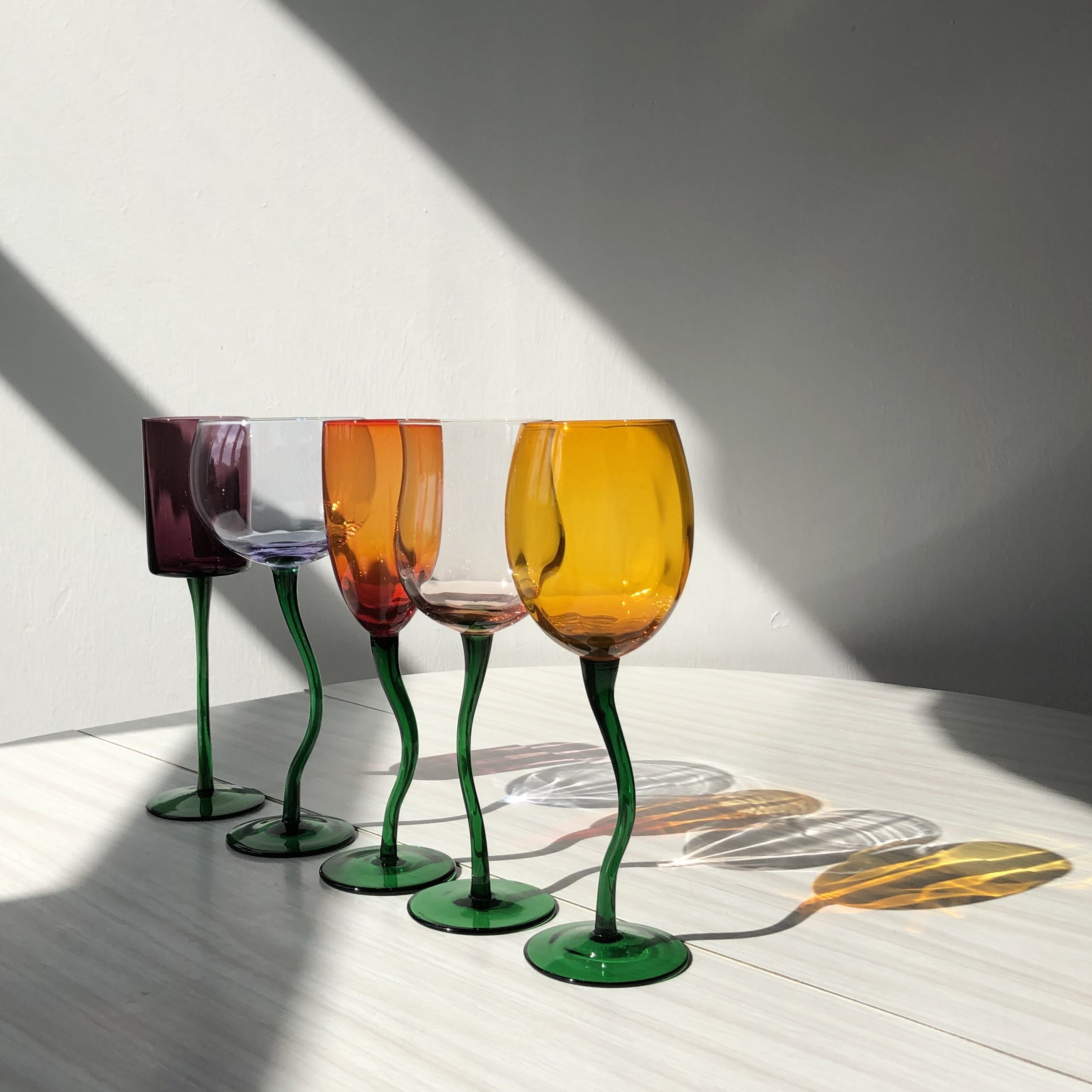 Set of 5 colored blown glass tulip glasses