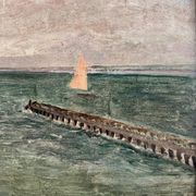 Huile sur carton "Le Croisic jetée en bord de mer", début XXe