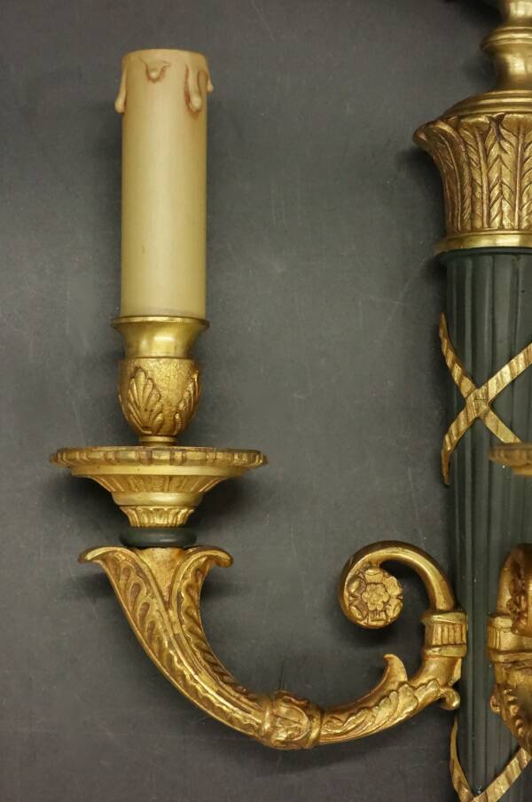 Pair of large Empire style quiver sconces - bronze / green patina