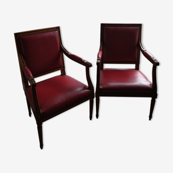 Lot de 2 fauteuils rouge en bois et skaï