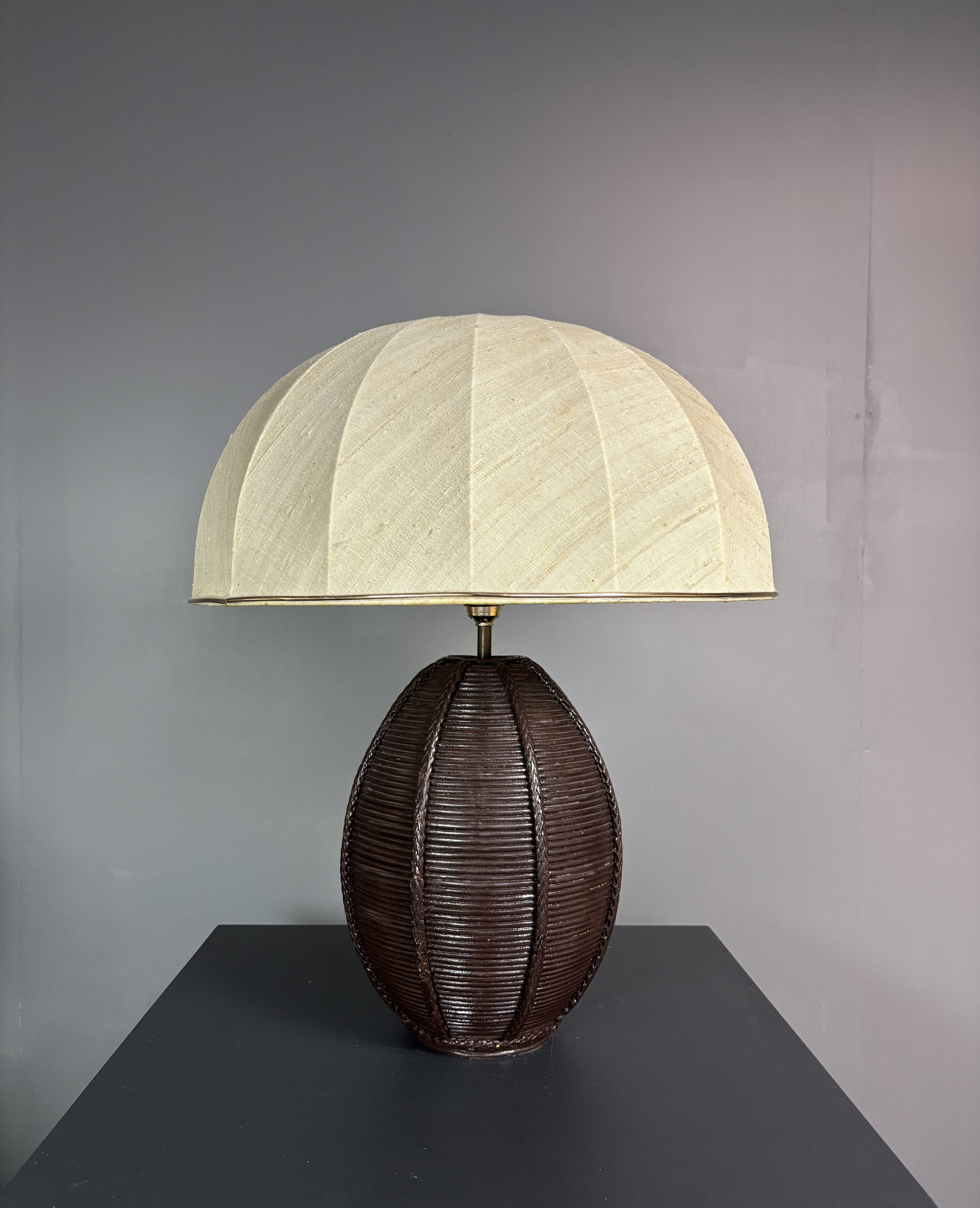 Lampe de table extra large en rotin à tige de crayon avec abat-jour en forme de champignon, années 1970