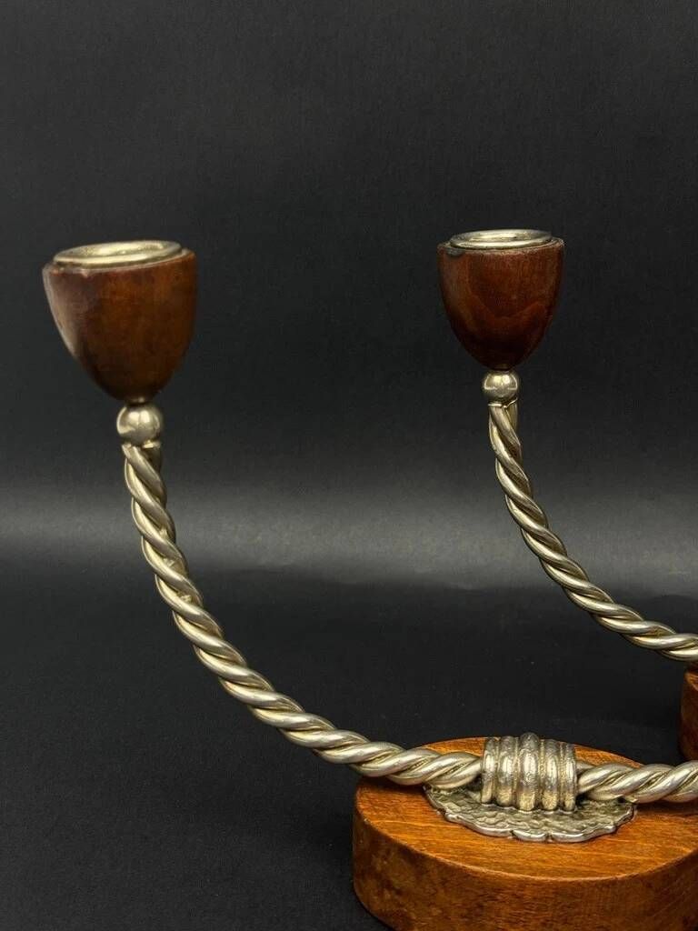 Pair of vintage candle holders in twisted wood and metal – Scandinavian design