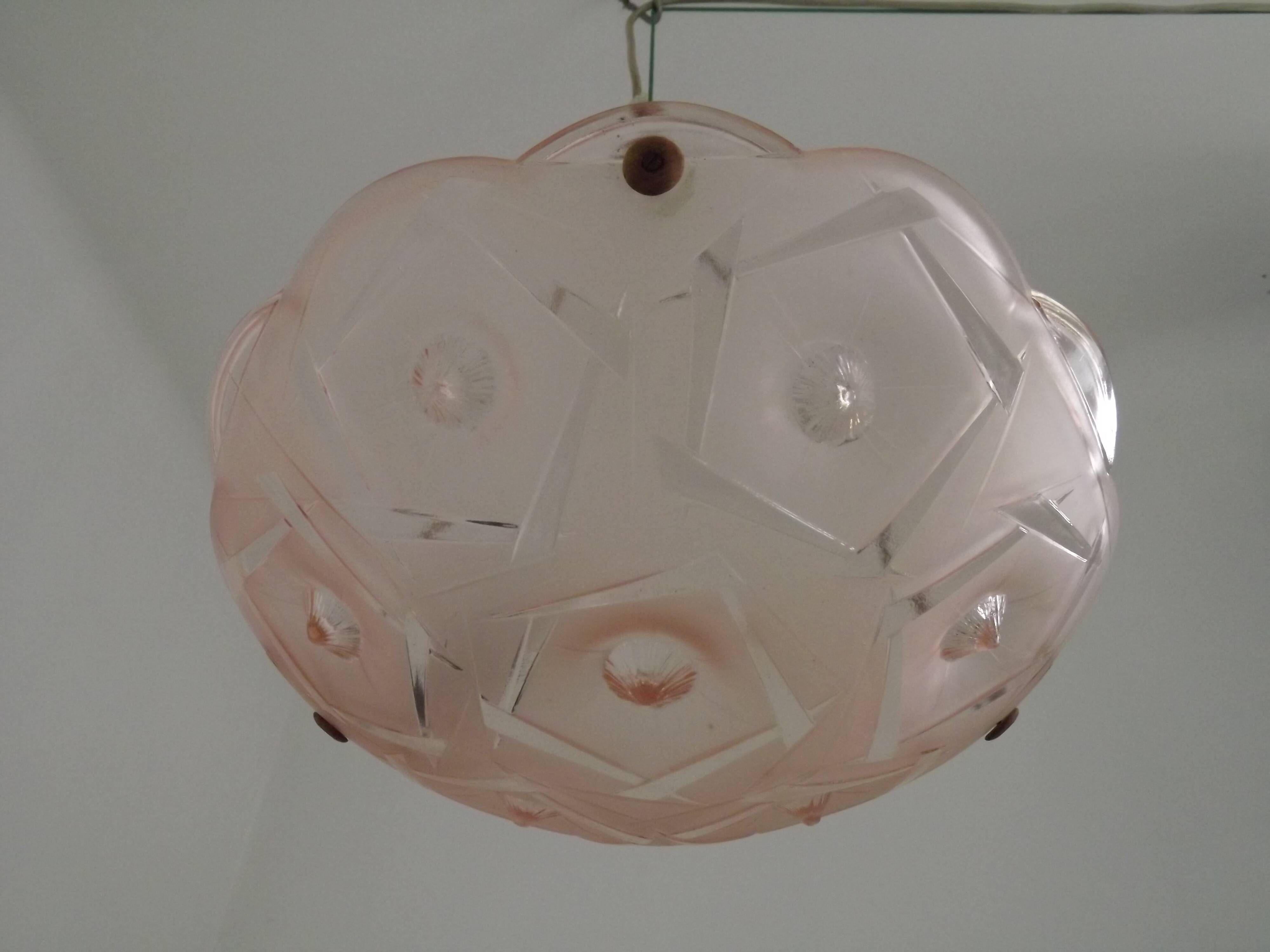 French Art Deco Stamped 1053 Pink Glass Plafonnier Hanging Light Pink Ropes