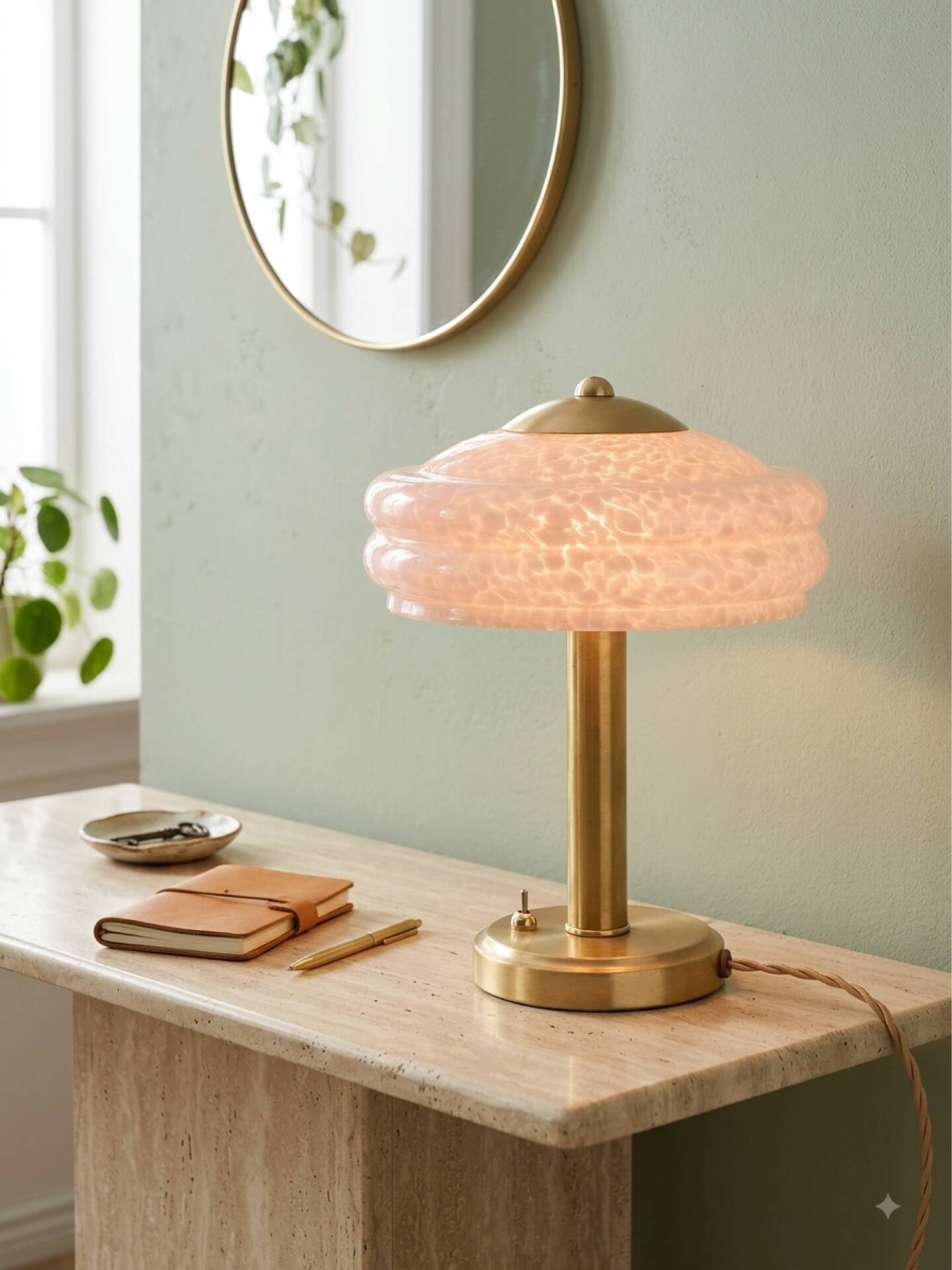 Art Deco mushroom table lamp, powdered pink Clichy glass