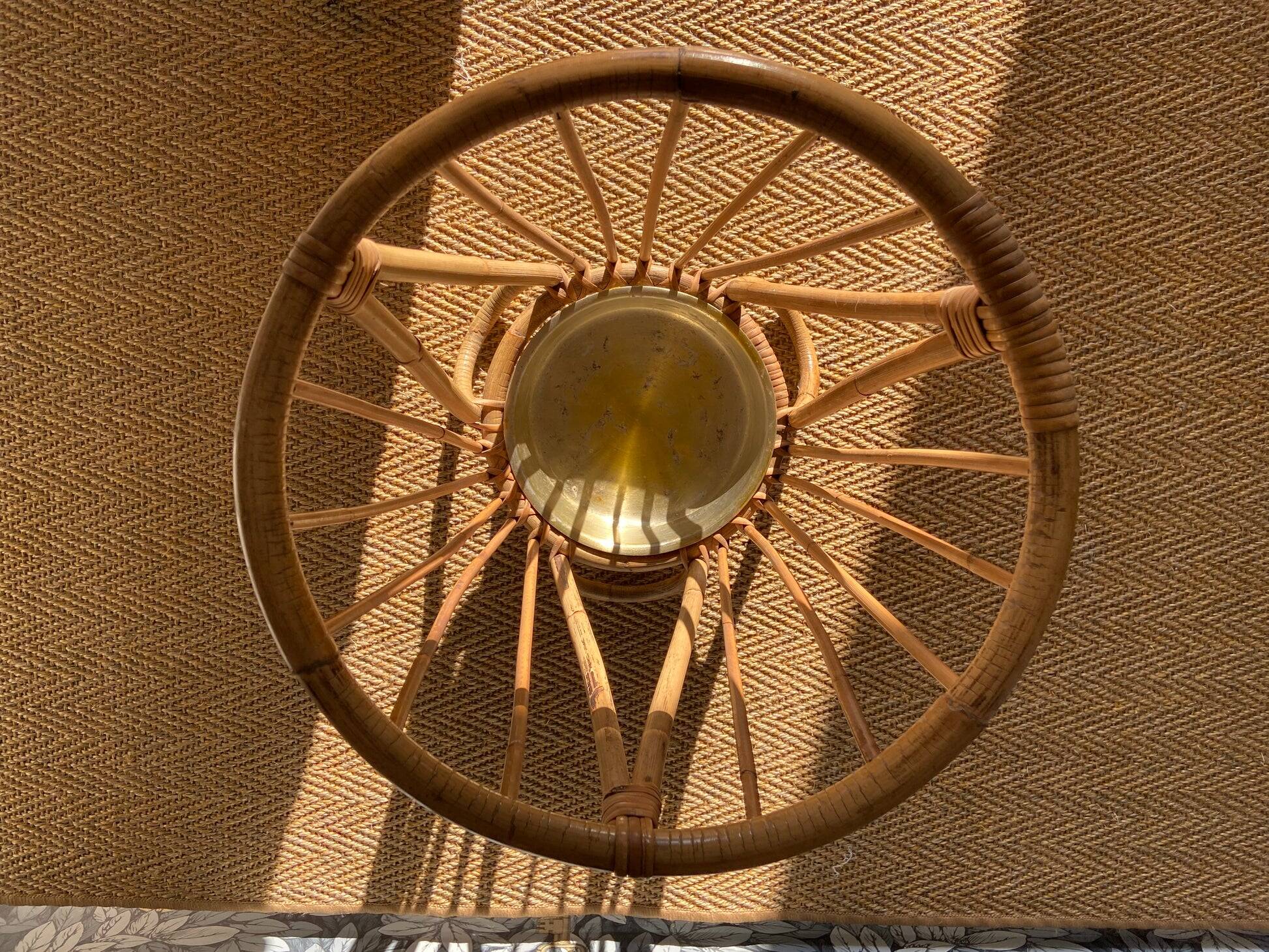 Bamboo and rattan umbrella stand with metal drip tray in the style of Franco Albini, Italy, 1960s